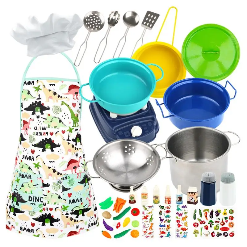 

37pcs Kids Cooking Toys Set Chef Hat Apron Role Play Toys House Stainless Steel Vegetable And Fruit Pepper Bottle Set