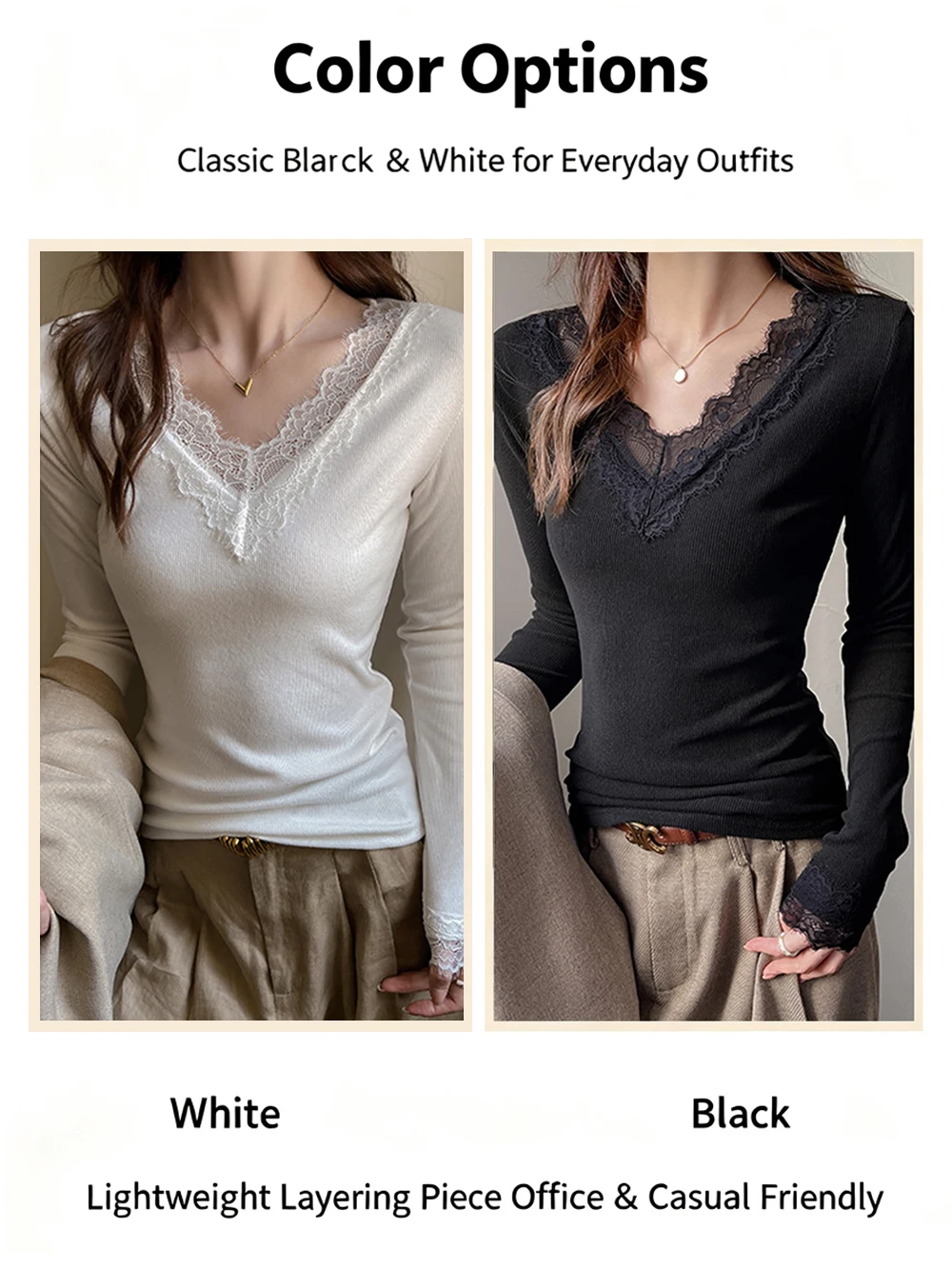Elegante Damen-T-Shirts mit Spitzenbesatz, V-Ausschnitt, langen Ärmeln, schlichtem Design, schmaler Passform, integrierten Schulterträgern, als Basis-T-Shirt für Herbst und Winter, zum Tragen in Schichten, Unterhemd. – Detail 3