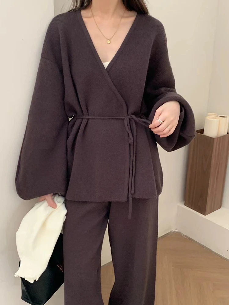 DEAT 2024 Winter New Fashionable Women\'s Two-pieces Set Belt Waisted Knitted Cardigan Elastic Waist Wide Leg Pant Female 33A2094