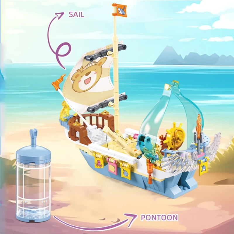 287PCS Treasure Hunt Sailboat At Sea Building Blocks Cute Expedition Ship Assembly Bricks Desktop Ornament Kids Toy Holiday Gift