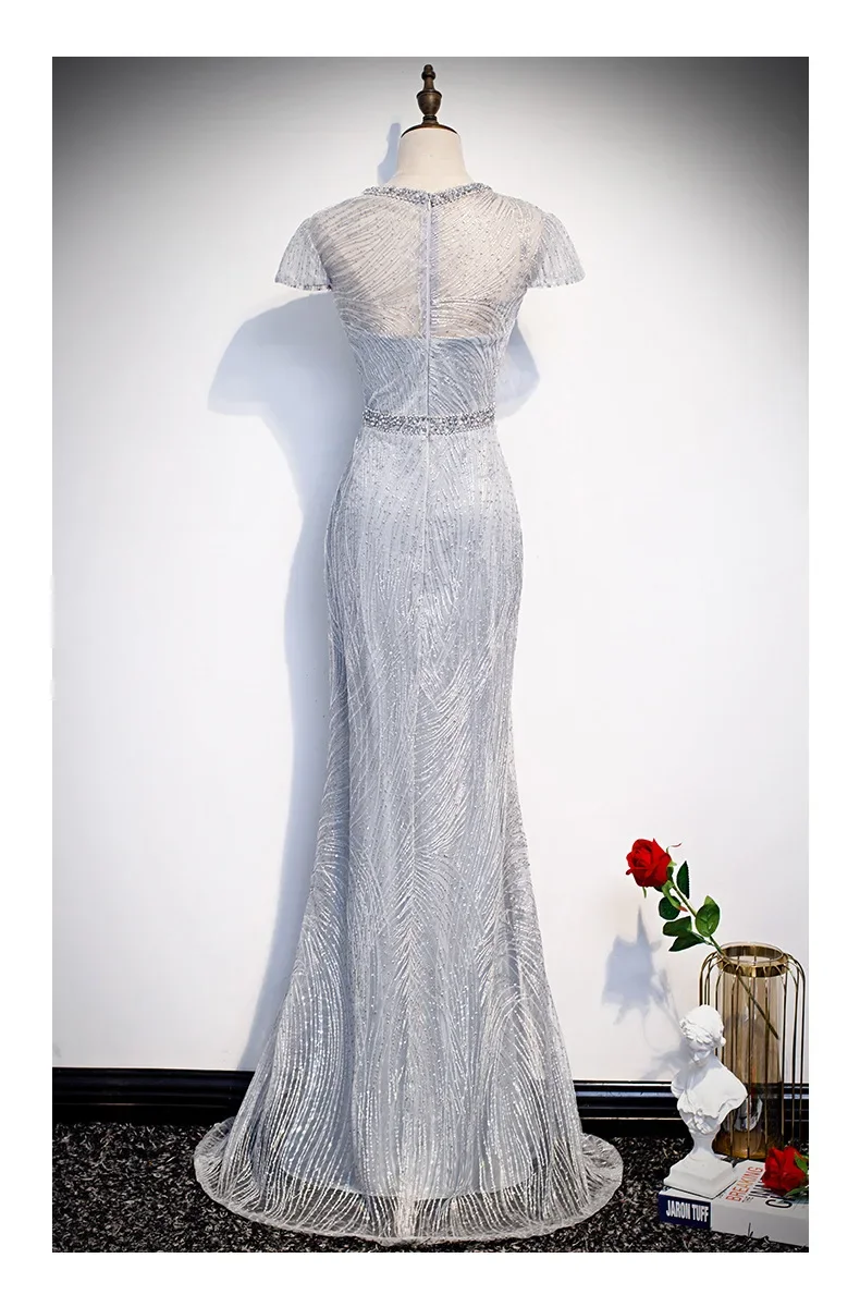 Gorgeous Sexy Round Neck Sequined Mermaid Long Formal Evening Dress Silver