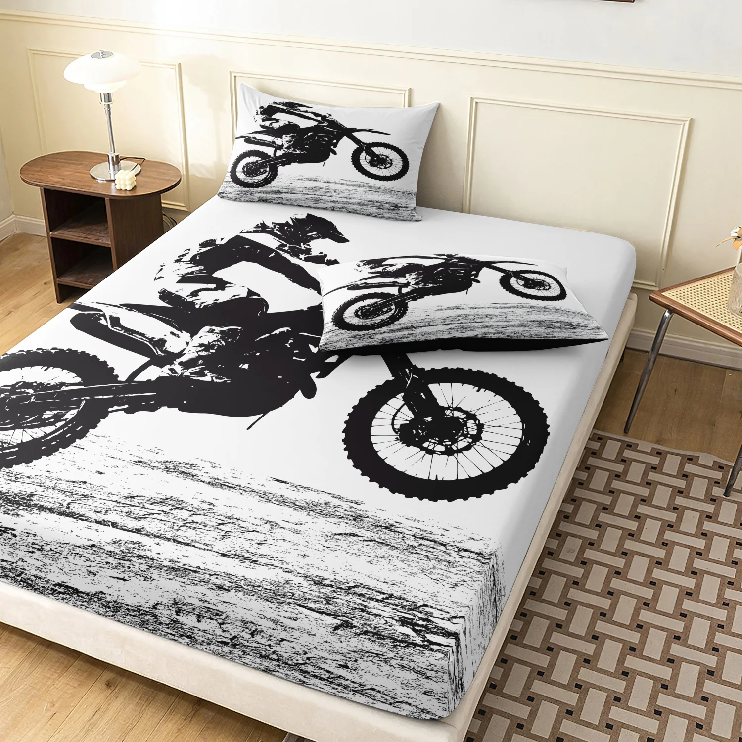 3 Pieces Retro Dirt Bike Rider Print Fitted Sheet Set, Black Motocross Off-Road Sport Silhouette Pattern Bedding