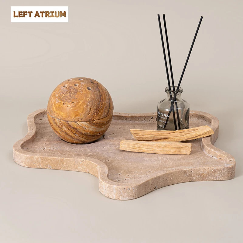 

Beige Brown Travertine Marble Incense Burner Religious Ball Shape Stone Incense Holder Home Stone Ornament Plate Decorative Tray