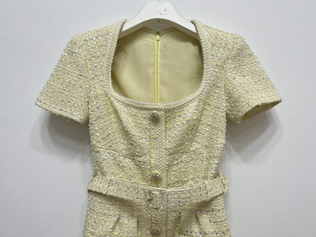 JHJN French Style Retro Tweed Elegant A Celebrity T-shirt Square Collar Dress For Women High Waist Thin Delivery Belt