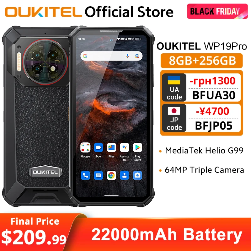 Oukitel WP19 Pro Rugged phone 8GB+256GB 22000mAh Cellphones androids NFC 64MP Rear Camera Smartphone 6.8'' FHD+ 120Hz Display