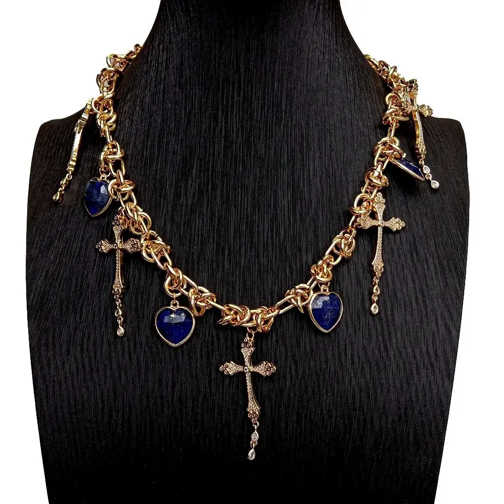 Y.YING Gold Color Plated Chain Necklace Blue Lapis Heart Shaped Crucifix Cz Pave Charm