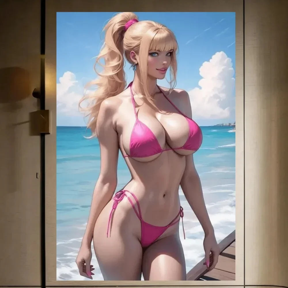 2D Blonde Elegant Beach Anime Ponytail Girl Aluminum Sign, Vintage Wall Art for Room Bathroom Man Cave Party Bar Decor