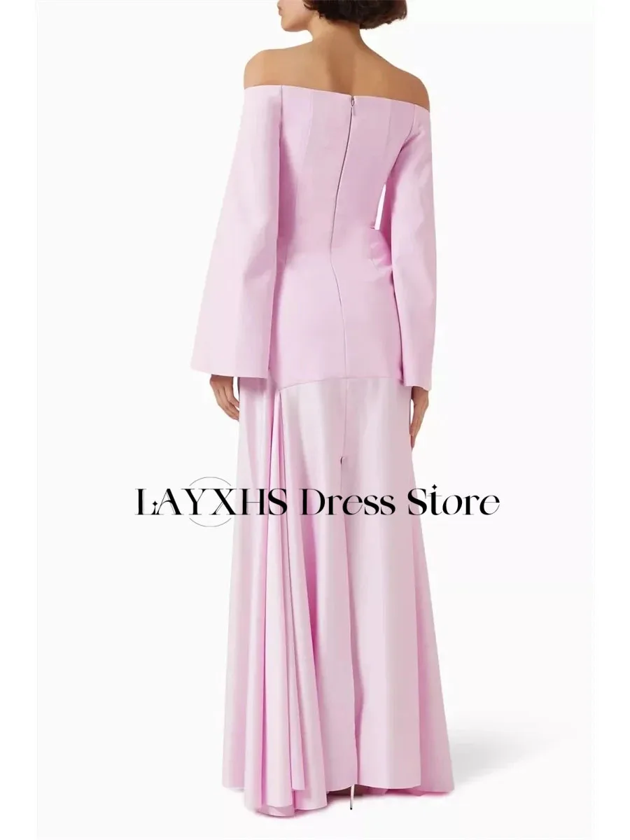 LAYXHS Schlichtes, schulterfreies Abendkleid, rosa, langärmelig, A-Linie, bodenlang, Ballkleid, maßgeschneidert
