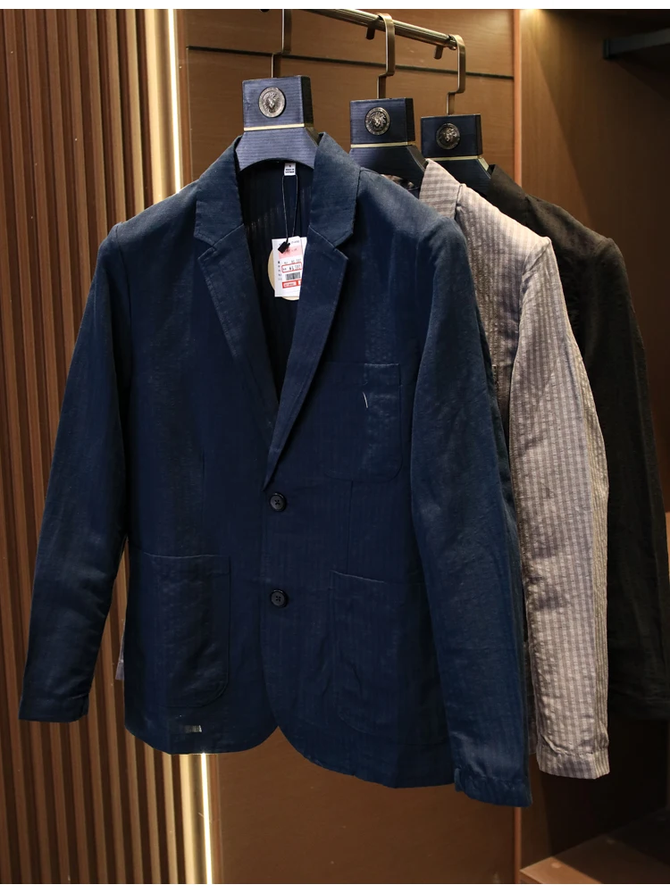 

Men's Slim Fit Long Sleeve Linen Blend Lightweight Breathable Casual Suit Jacket Checkered Pattern Flat Collar Versatile Spri...