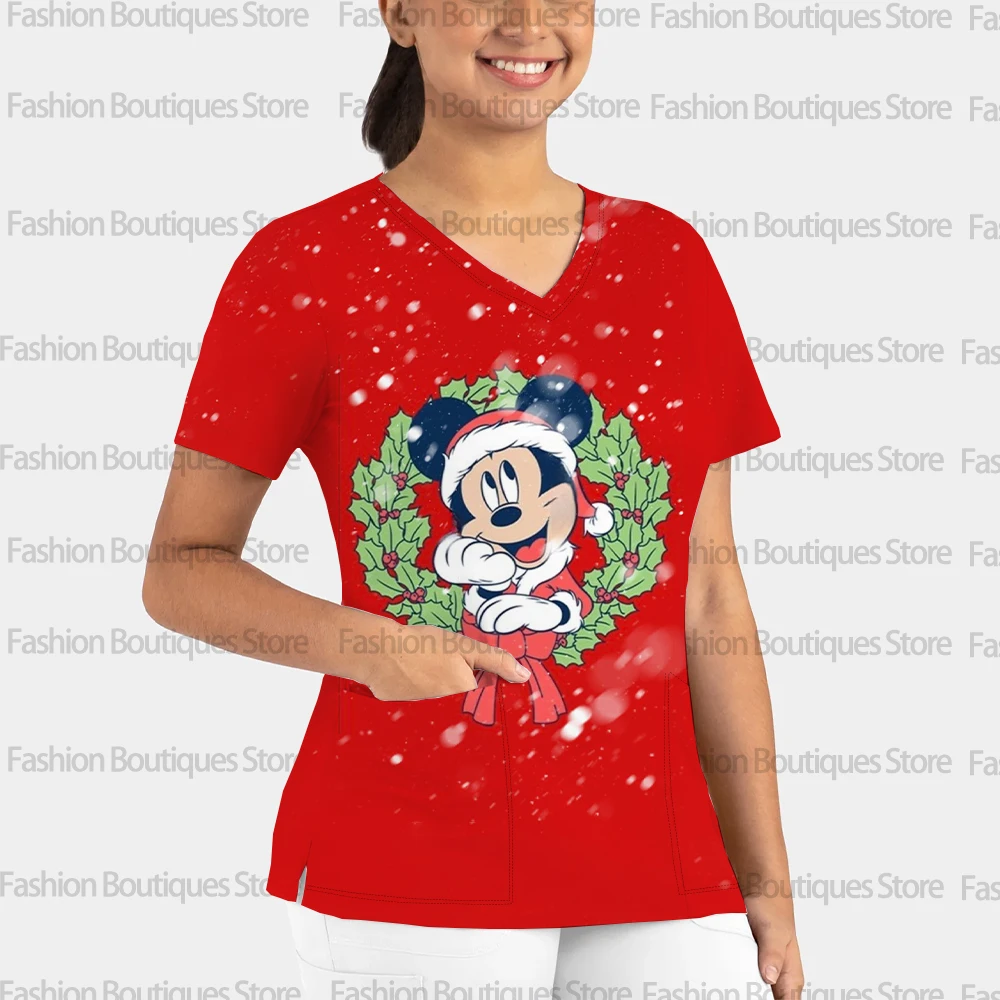 여성용 세련된 의료 작업복, 크리스마스 스타일, 디즈니 미키 마우스 프린트, 여름 캐주얼 브이넥 반팔 수술복
