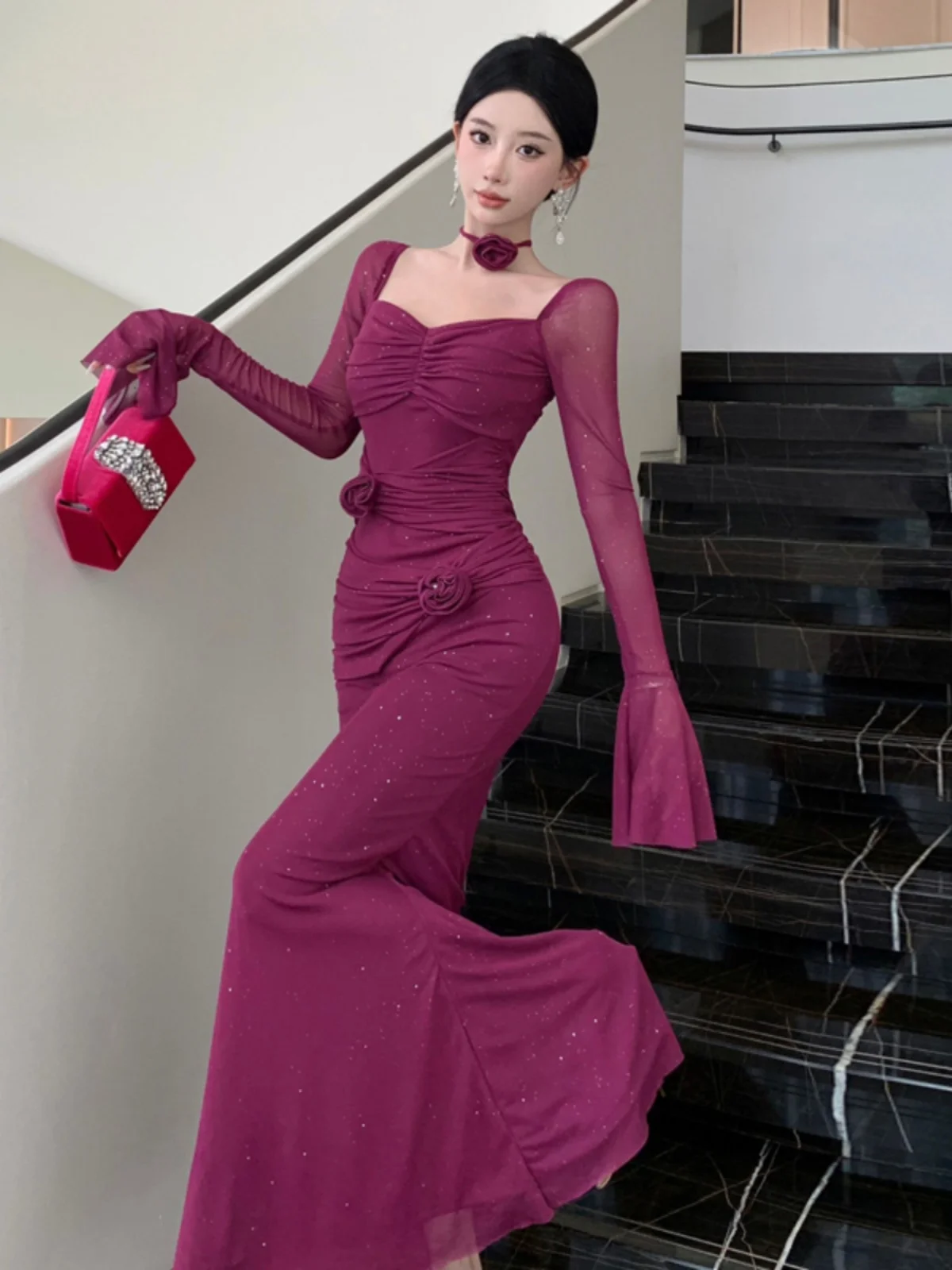 Rok Fishtail Berlapis Bunga 3D Jaring Kelas Atas Antik Perancis Rok Panjang Pesta Ramping Bahu Terbuka Seksi Musim Semi Musim Panas Wanita