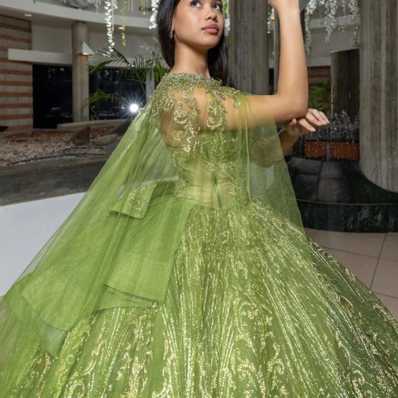 

Shiny green Quinceanera Dress off-shoulder glitter Decal layering Long tail Bow Vestidos De 15 Quinceanera ﻿Customize