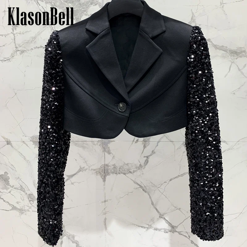 

8.6 KlasonBell Women's Temperament Wool Spliced Sequins Long Sleeve Short Blazer Notched Collar Single Button Casual Jacket