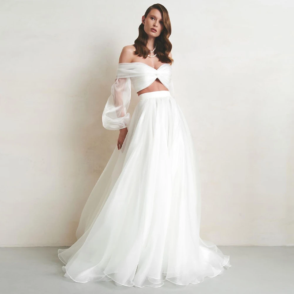 Crop Top Wedding Dress for Women 2023 Bride Off the Shoulder Sexy  Gown 2 Pieces Set Long Puff Sleeves A Line Bridal 