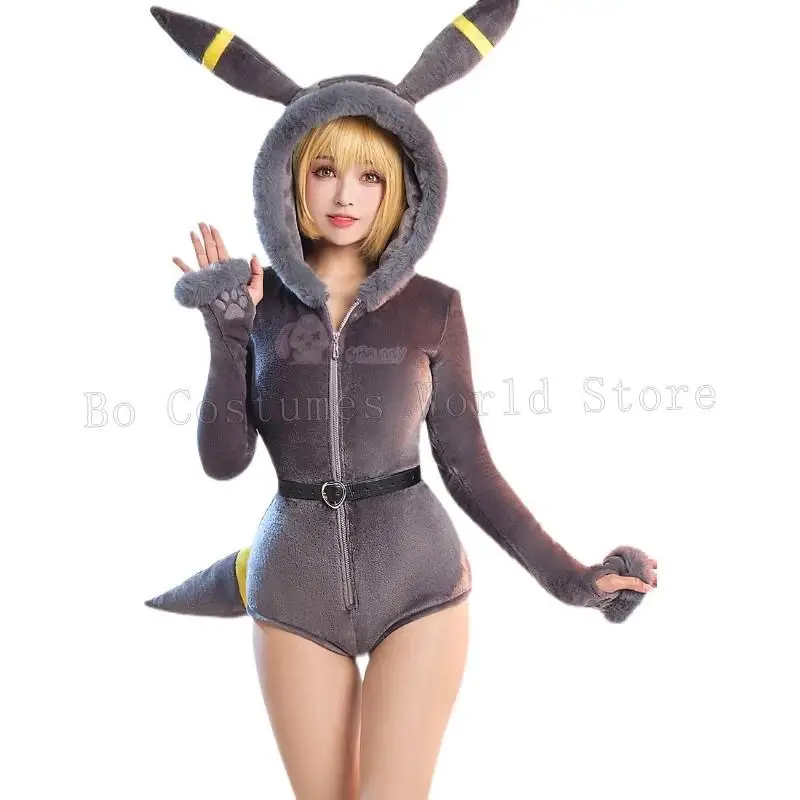 Women Sexy Cosplay Costumes Lingerie Bodysuit Plush Hooded Deep V Romper and Socks with Belt and Tail Cosplay Costumes