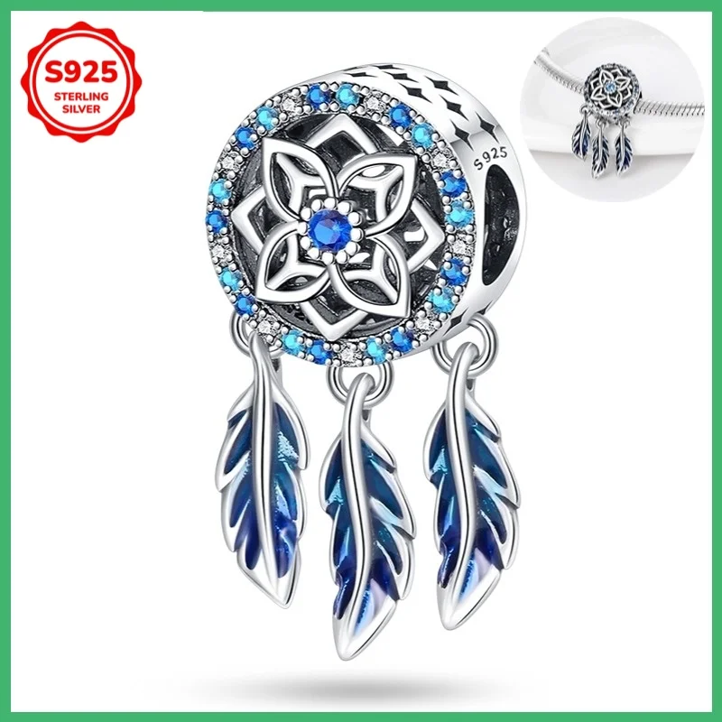 925 Sterling Silver dream catcher net Charms Pendant with Cubic Zirconia,Fit DIY bracelet necklace Gift for Her，Colgante Plata