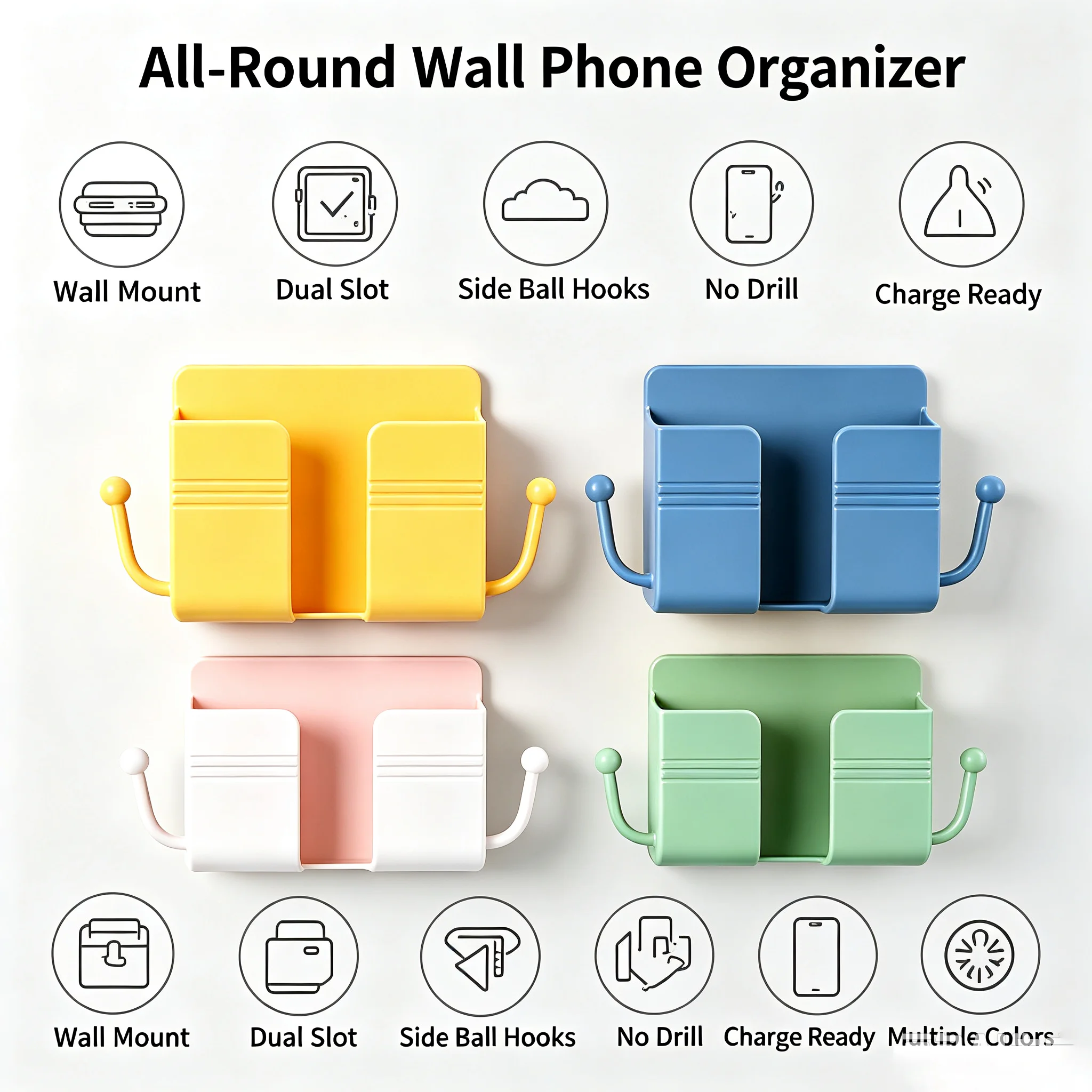 Bedside Wall Storage Box Multi Slot Colorful For Bathroom All-in-One Storage Hooks