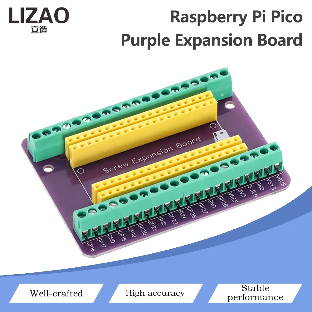 Płytka rozszerzeń z terminalami śrubowymi do Raspberry Pi Pico, moduł GPIO, fioletowa płytka PCB, adapter, opcja montażu na lutowane lub luźne elementy.