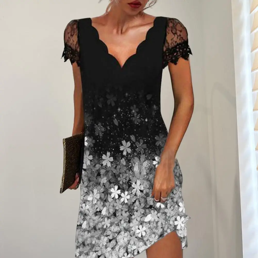 

Flower Edge Short Dress Elegant Lace Patchwork Floral Print V Neck A-line Mini Dress for Women for Summer Parties Dates Office