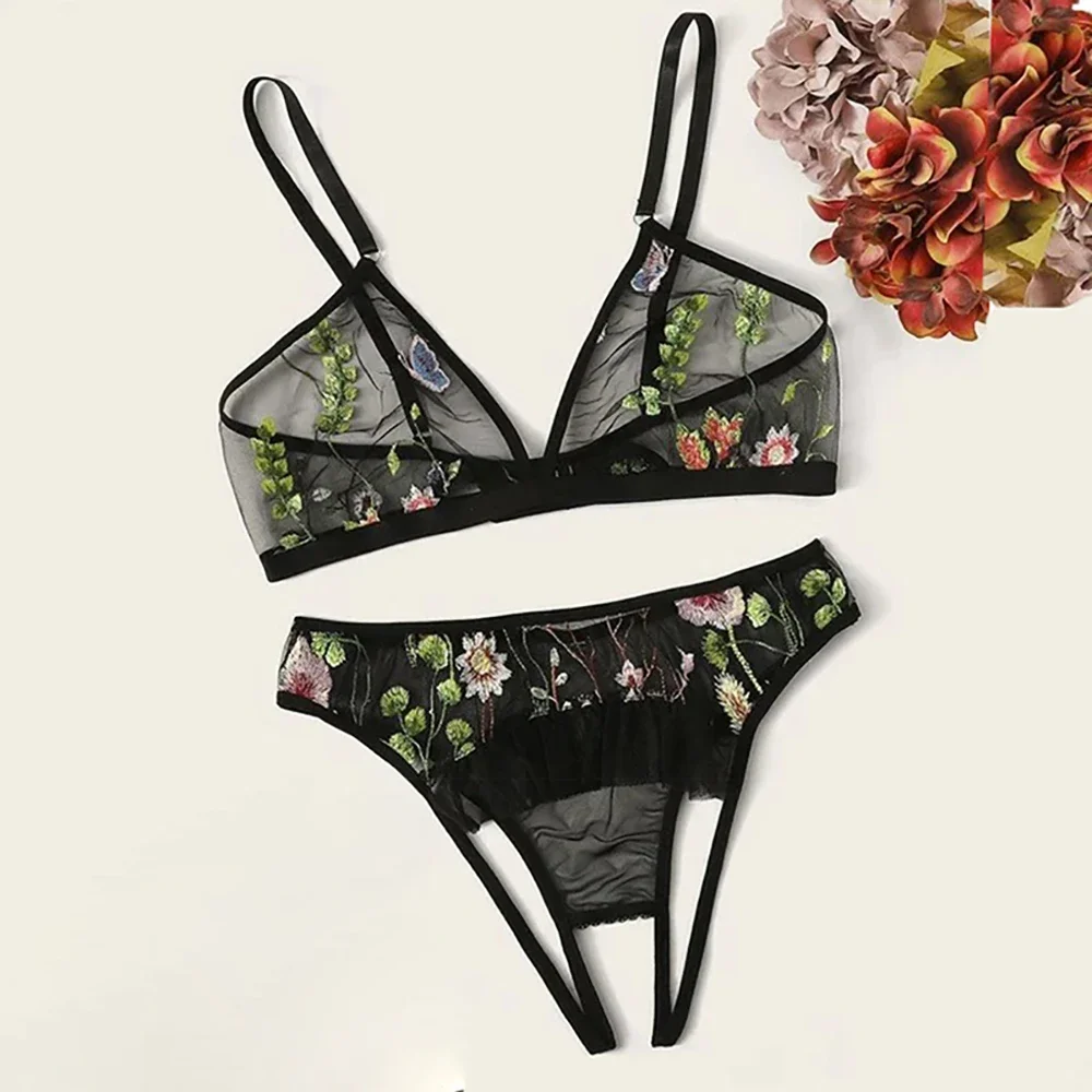 

Embroidered Bra set G-String Lingerie Tankini Tulle Netting Bra Nightwear Panties Sexy Sleepwear Unpadded Women