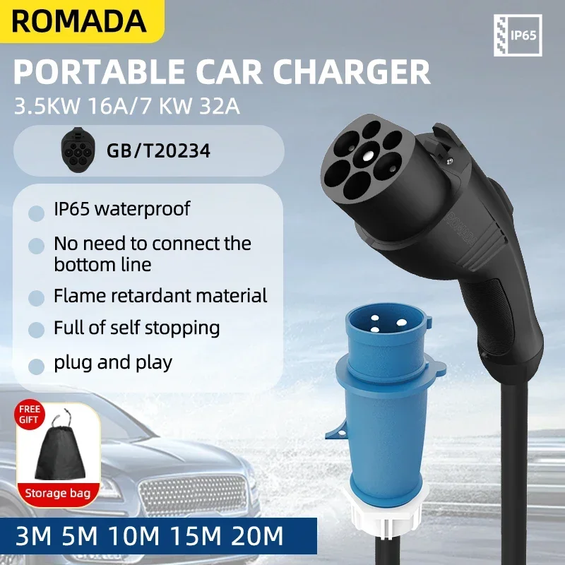 7KW 32A Electric Vehicle EV Portable Charger 3M -20M Cable GB/T20234 EVSE CEE Plug Wallbox Adapter For Electric Vehicle