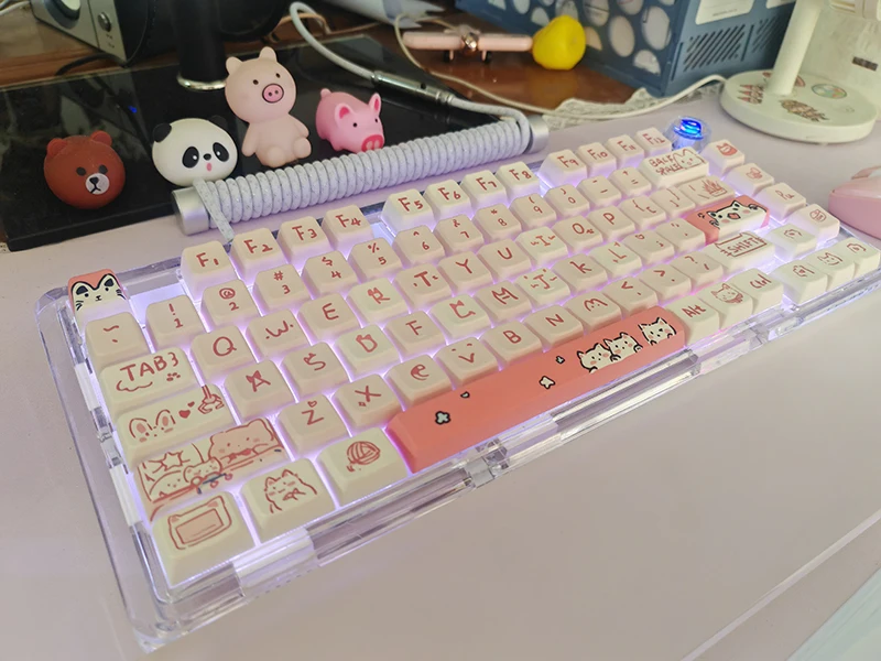 Imagem -05 - Cute Cat Anime Keycaps Caps de Teclado Mecânico Perfil Mda Pbt Miau Rosa Gatinho dos Desenhos Animados 66 Chaves 146 Chaves