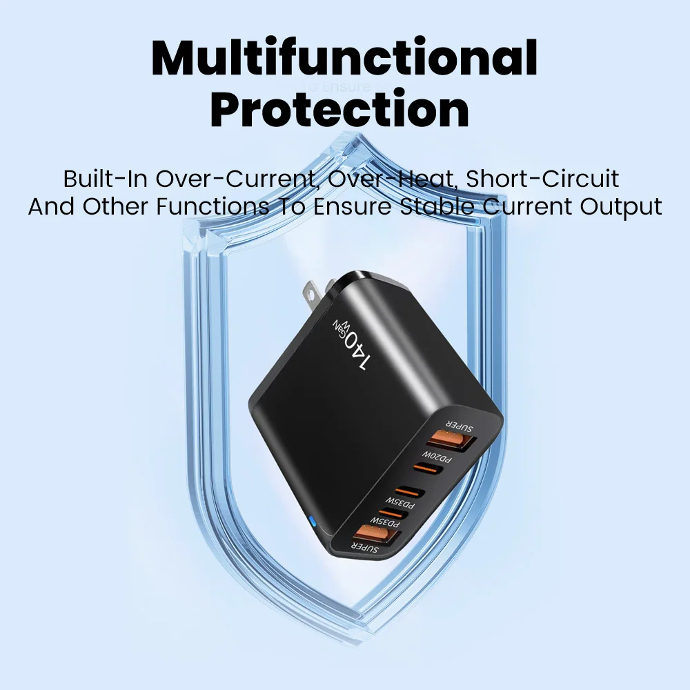 140 واط 5-Port Quick GaN شاحن 2USB + 3Type C شحن سريع شاحن الهاتف المحمول آيفون 15 16 17 سامسونج كمبيوتر محمول اللوحي