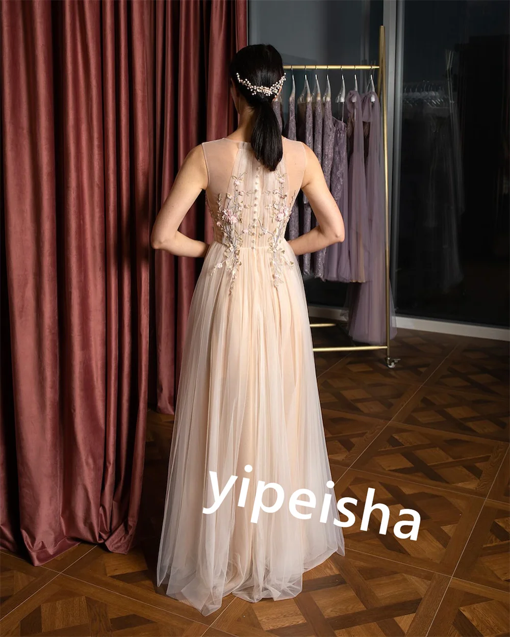 Tulle Applique Plissado Party Gown, Straight Jewel Bespoke, Ocasião, Vestidos longos