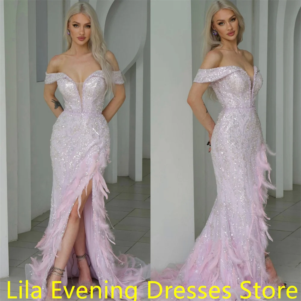 Customized  Fashion pink Satin Homecoming Dress Exquisite Sweetheart Off the Shoulder Feathers Tassel Zipper Back Robe de soirée