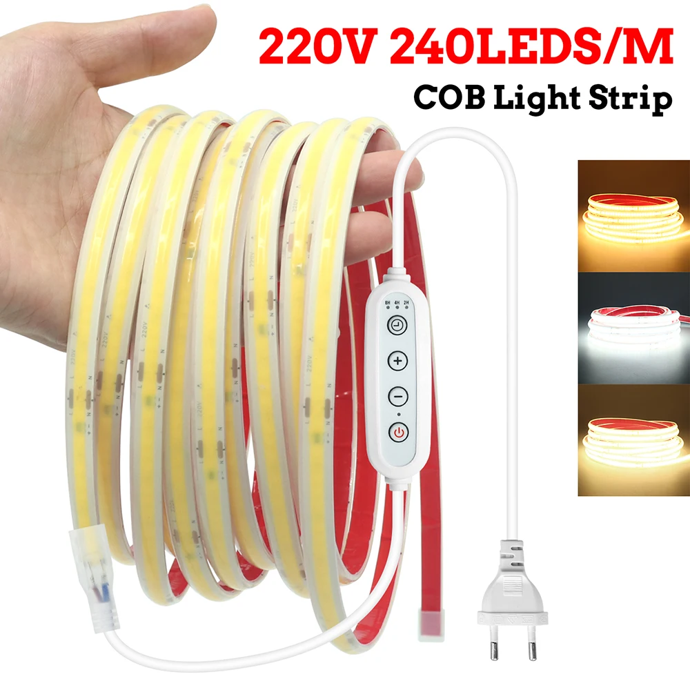 Stepless Dimming COB LED Strip Light with IC Chip AC 220V EU Power Plug Kit 240LED/m Flex Tape Kitchen Counter Cabinet Lighting