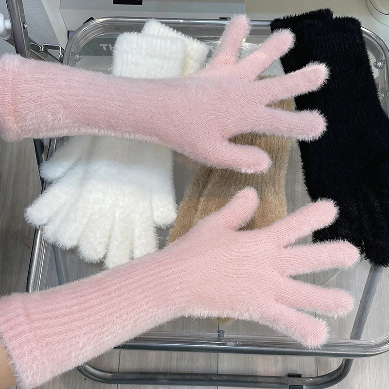 Guantes de Cachemira para pantalla táctil para mujer, guantes cálidos de invierno, manoplas elásticas suaves con dedos completos, guantes tejidos de piel sintética de felpa