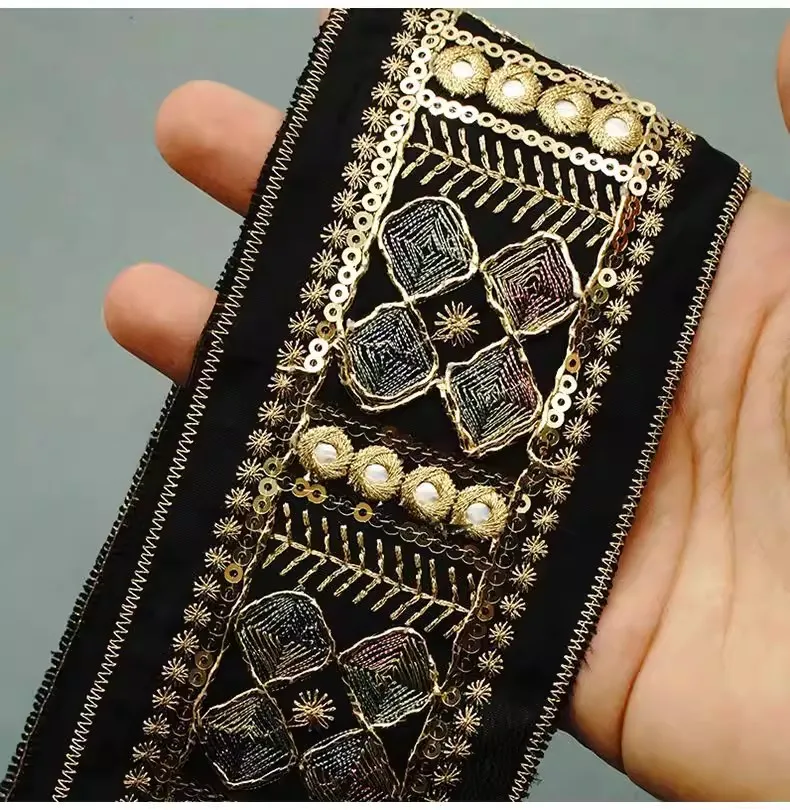 

5 ярдов, ширина 7 см, ретро-этническая кружевная тесьма с вышивкой пайетками, ручная работа, для рукоделия, отделка для одежды, манжет, воротников, аксессуары, кружевная лента