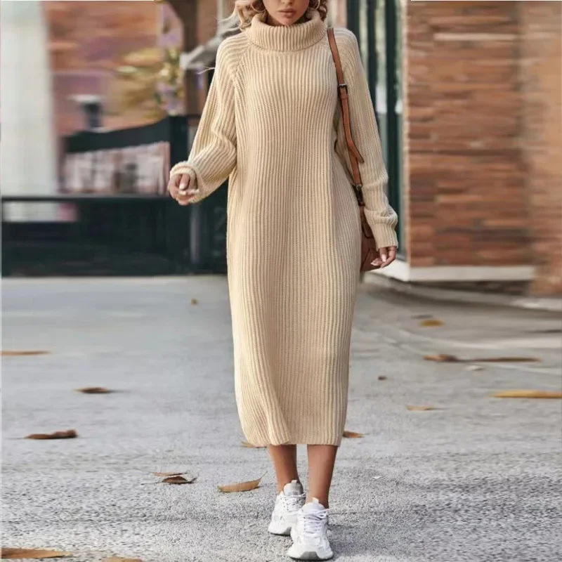 2024 Europe and The United States Women's Autumn and Winter Solid Color Fashion Turtleneck Long Knit Sweater Dress, High Strecth