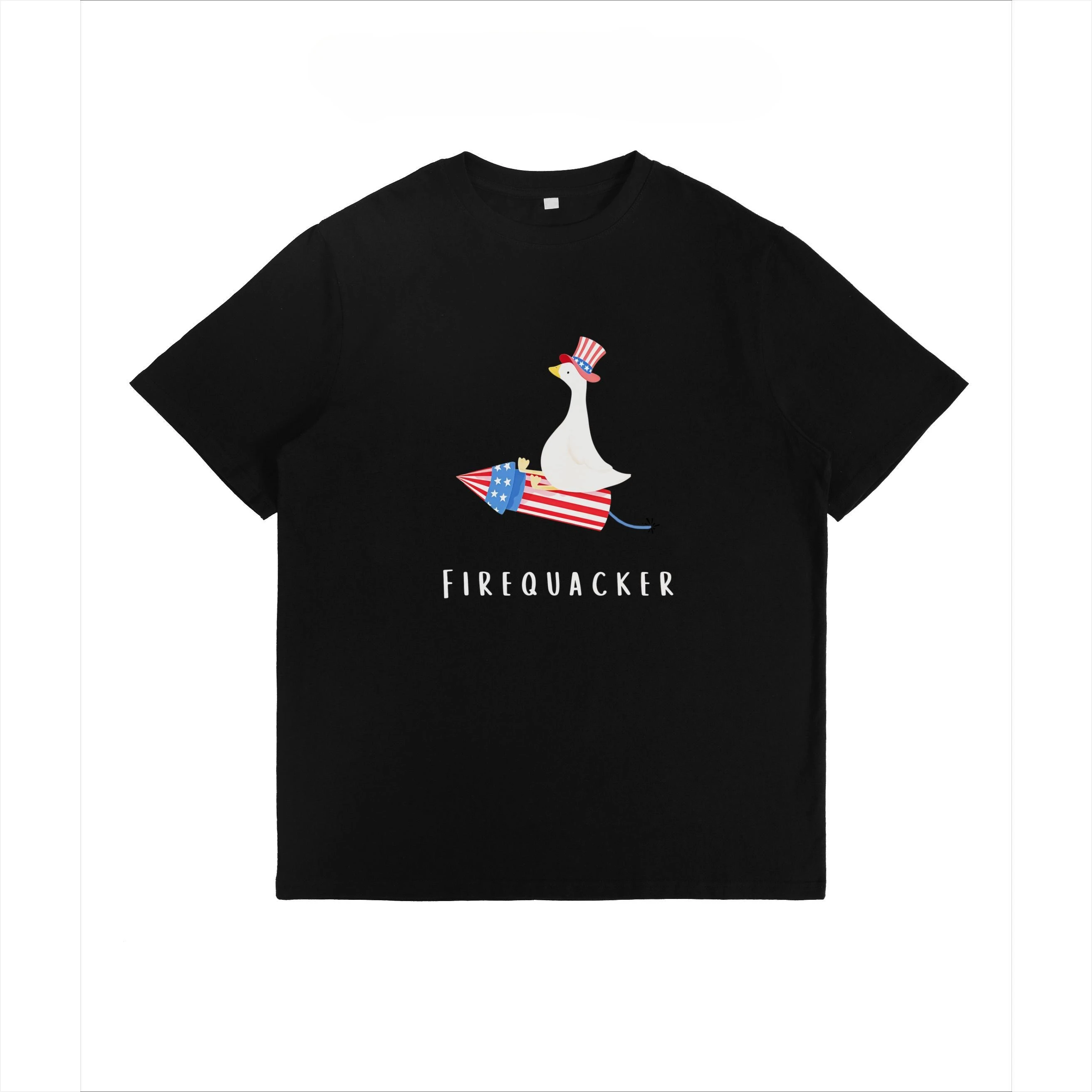 

Cute Goose Wearing Uncle Sam Hat Riding on a Firework - Inspired 4th of July T-Shirt with "FIREQUACKER" Print