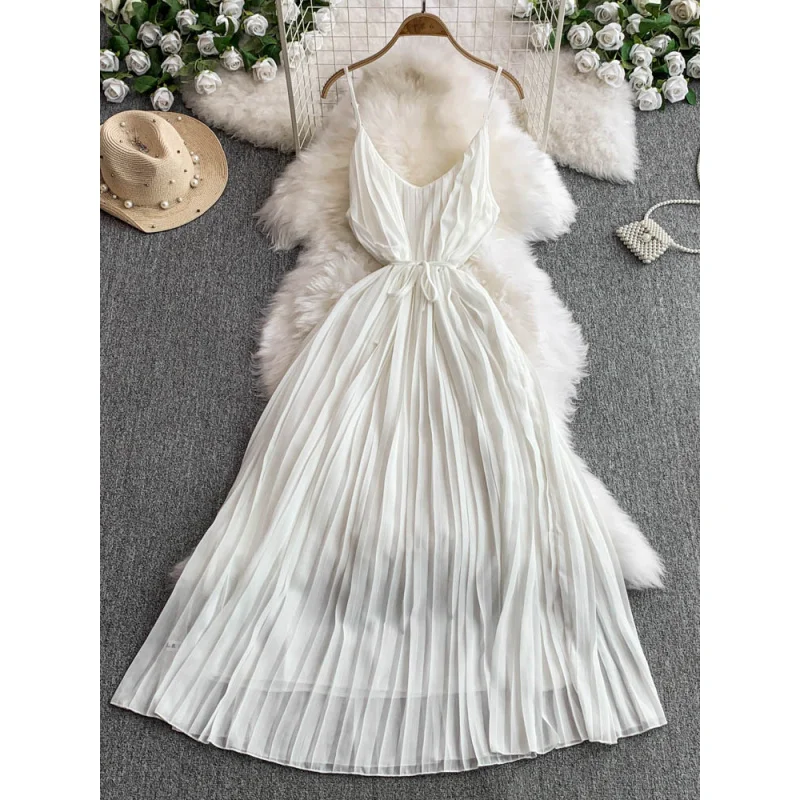 Boho donna solido estate abito lungo pieghettato casual sexy cinturino per spaghetti vestido de festa elegante tunica vacanza al mare abiti