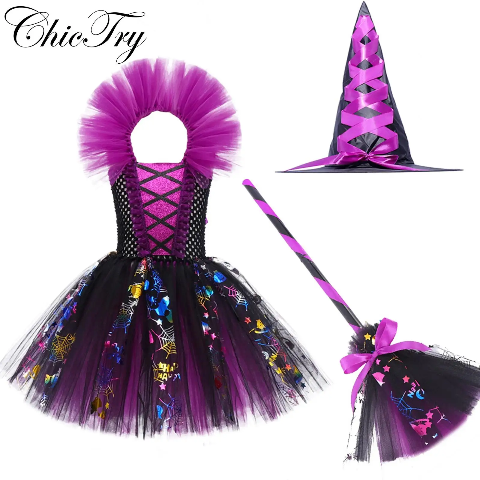 

Halloween Witch Cosplay Costume Girls Vampire Princess Dress Carnival Party Role Playing Dress Up with Pointed Hat and Broom