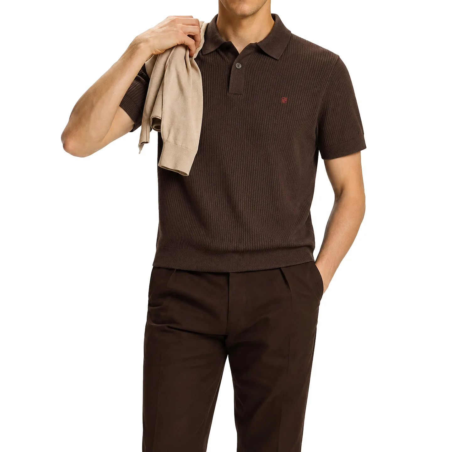 CH Herren Luxus Vertikal Geripptes Strick-Poloshirt Rot Mini-Stickerei Links auf der Brust Regular Fit Urlaub Büro Smart Wear – Detail 2