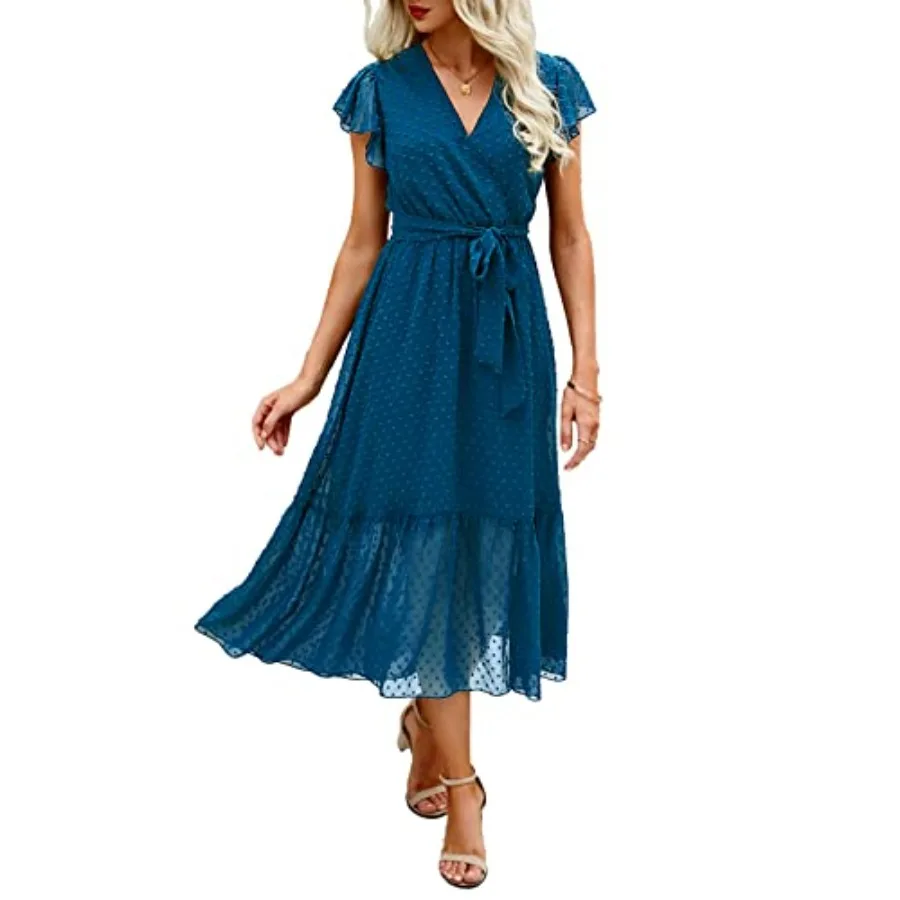 

BTFBM Women Summer Bohemian Casual Wrap V Neck Ruffle Cap Sleeveless Belt A-Line Pleated Hem Midi Sun Dress