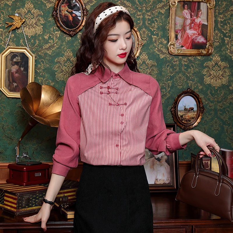 Spring Long Sleeve Turn Down Collar Women Shirt Chinese Style Striped Shirt Blouse Women Tops  Blusas Mujer De Moda 2024 J857