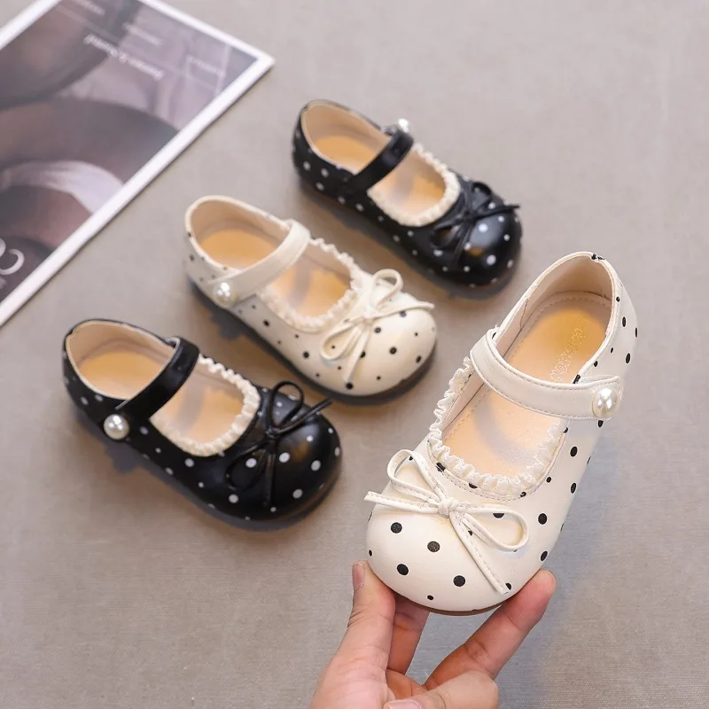 JGSHOWKITO Girls Polka Dot Mary Jane Shoes Sweet Lace Children Leather Shoes Soft Non-slip Princess Dress Kids Party Flat Shoes
