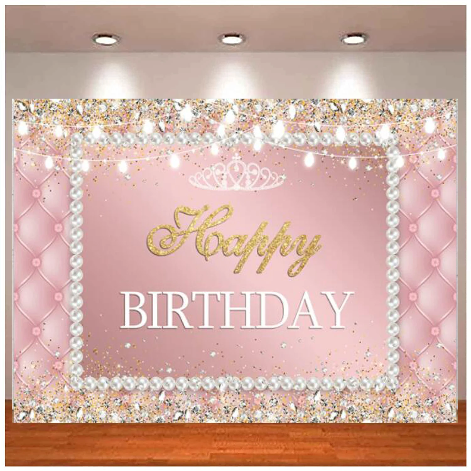 Pink Happy Birthday Photography Backdrop Crown Pearls Diamonds Gold Dots Girl Women Sweet 16th 18th 21st Background Party Decor