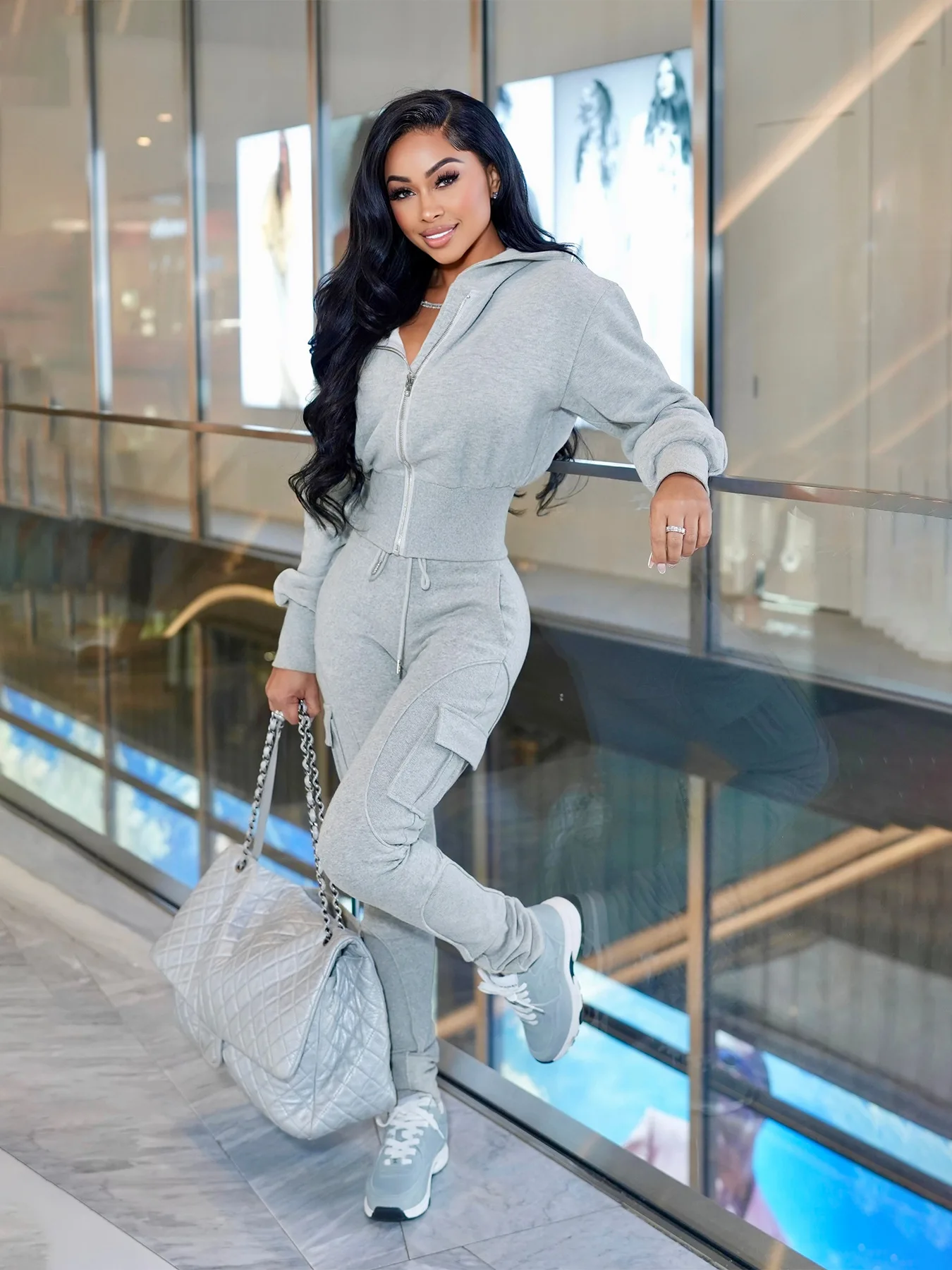 

Cutenew женские спортивные костюмы комплект из 2 предметов куртка с капюшоном на молнии + брюки с карманами на шнурке одинаковые зимние трендовые узкие наряды