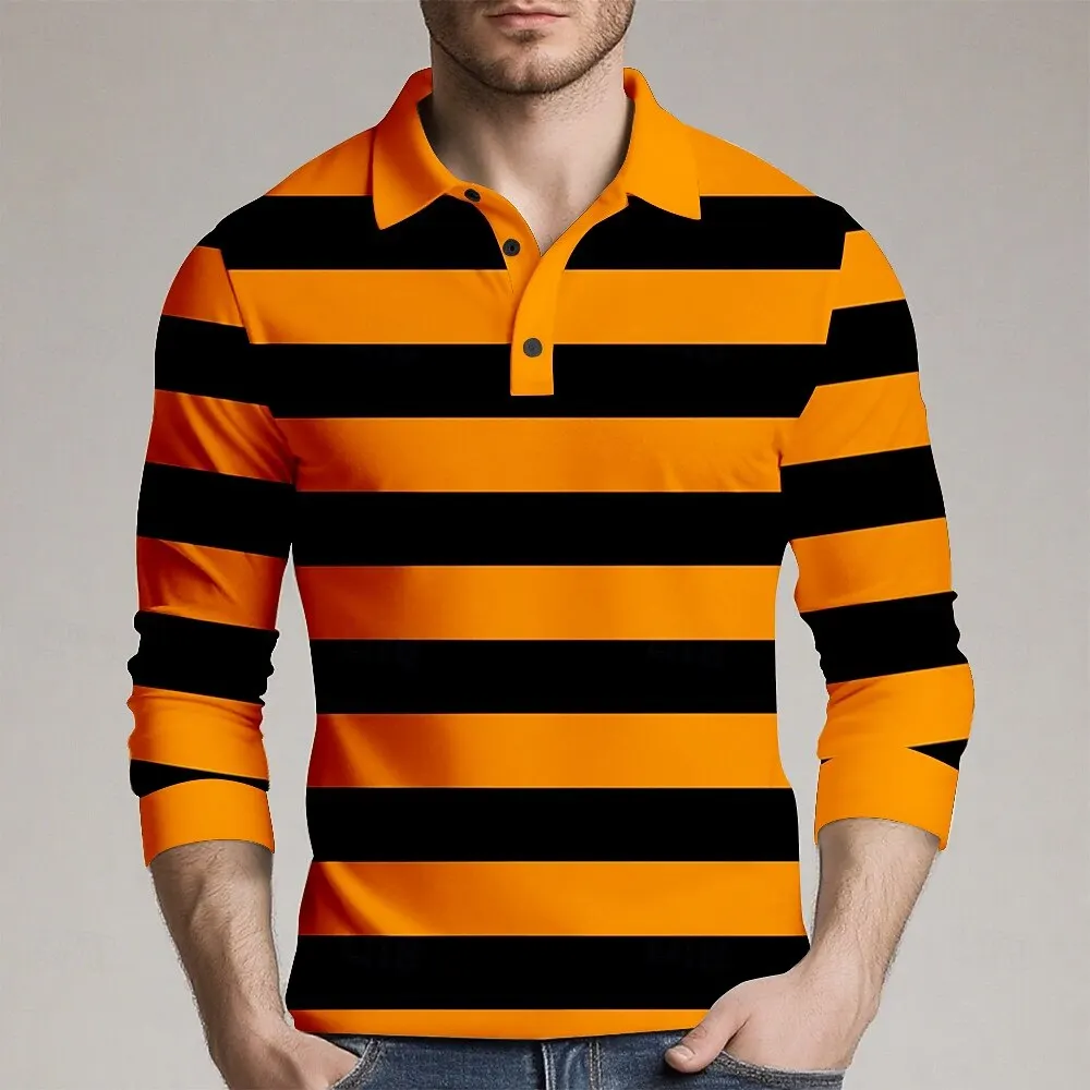 

Fashion Horizontal Stripes Men's Long Sleeve Polo Shirt Breathable Business Casual Top Slim Quick Dry Multi Colors Men Clothes