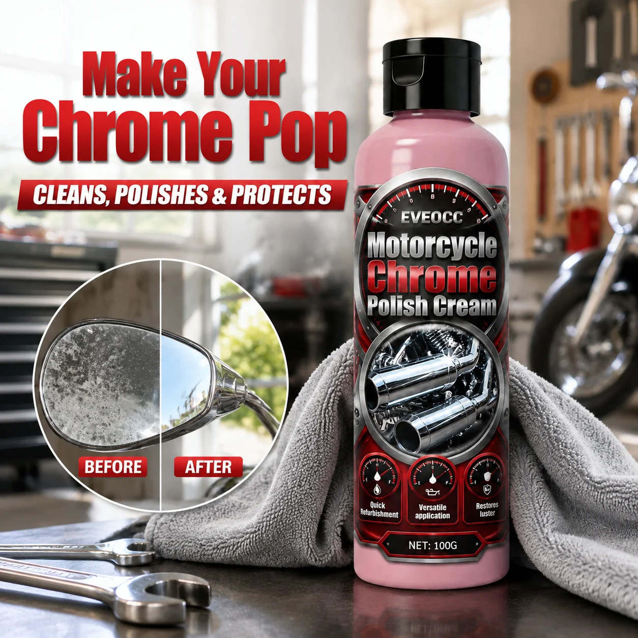 100g Motorcycle Chrome Polish Cream, Multi‑Purpose Metal Renovator Rust Oxidation Remover Restores Shine for Motorbike Accessori