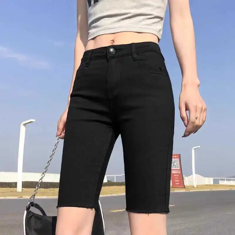 

High Waist Thin Black Five-Point Denim Shorts Women's Hole Outerwear Casual Loose Cycling Pants Cotton Elastic Fabric