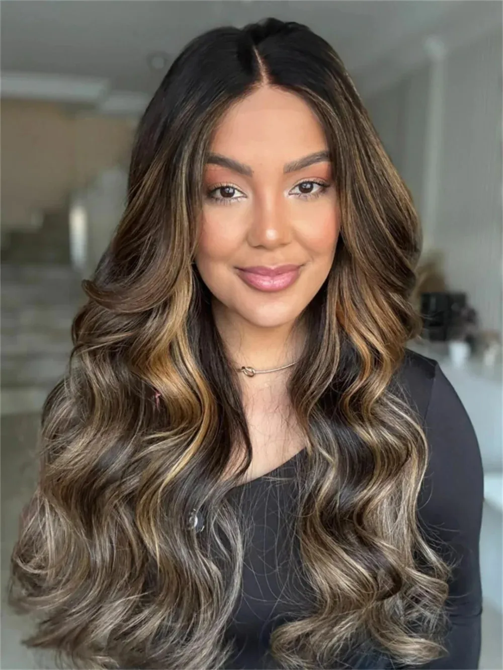 Shadow Roots Free Parting Balayage Dark Brown Blonde Highlights Lace Front Wig Premium Heat Safe Futura Fibre Long Wavy 24 Inch