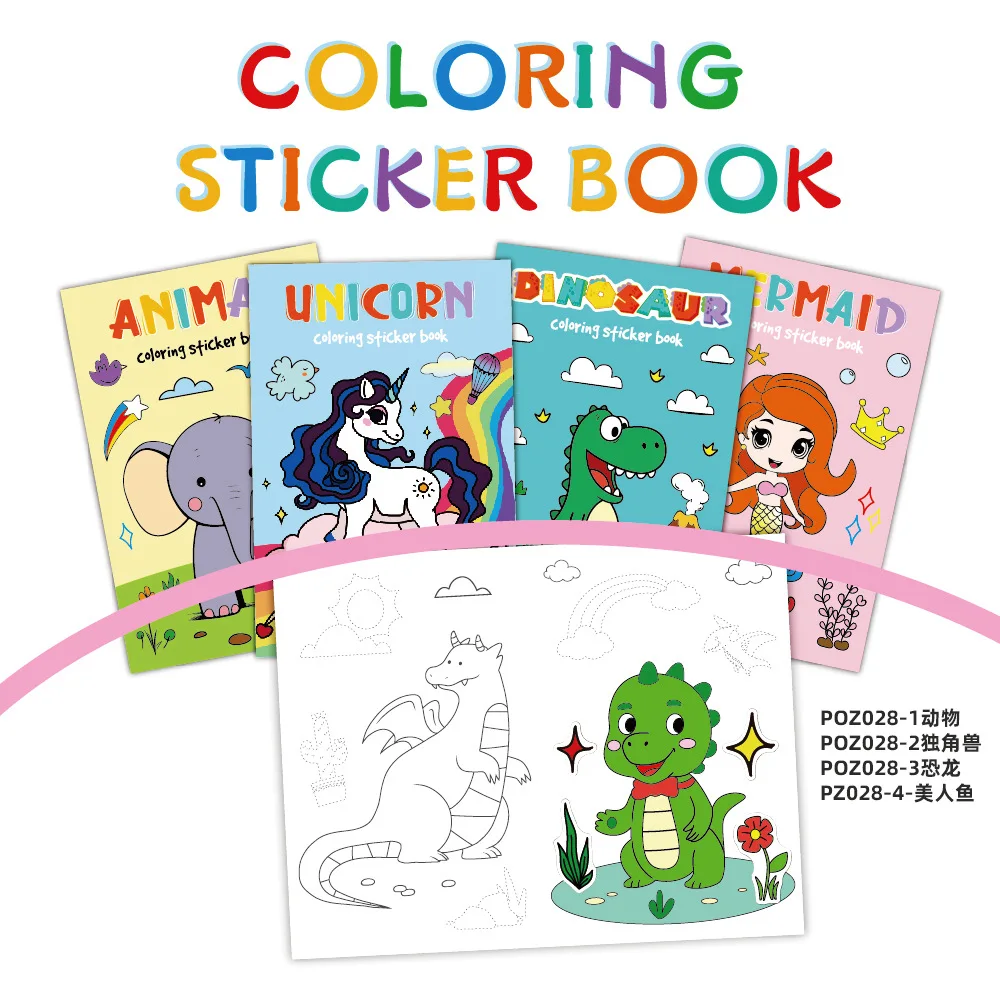 4pcs/set of Children's Cartoon Animal Coloring with Stickers Fun Coloring Book,
