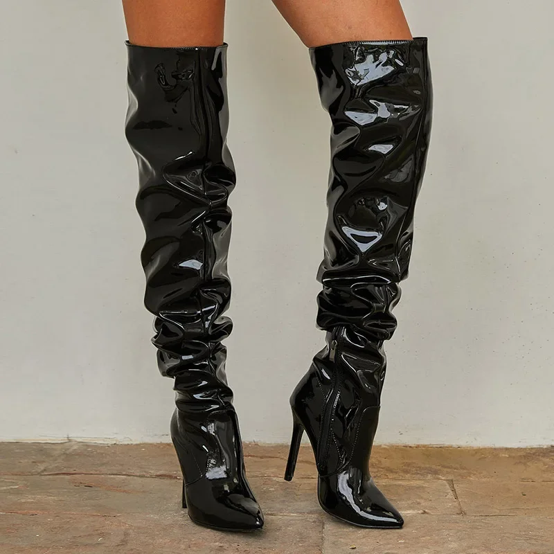 

Sexy Pleated Elastic Knee Boots Retro Pointed Patent Leather High Zipper Thin Heel Large Size High Heel Women's Boots 35&42