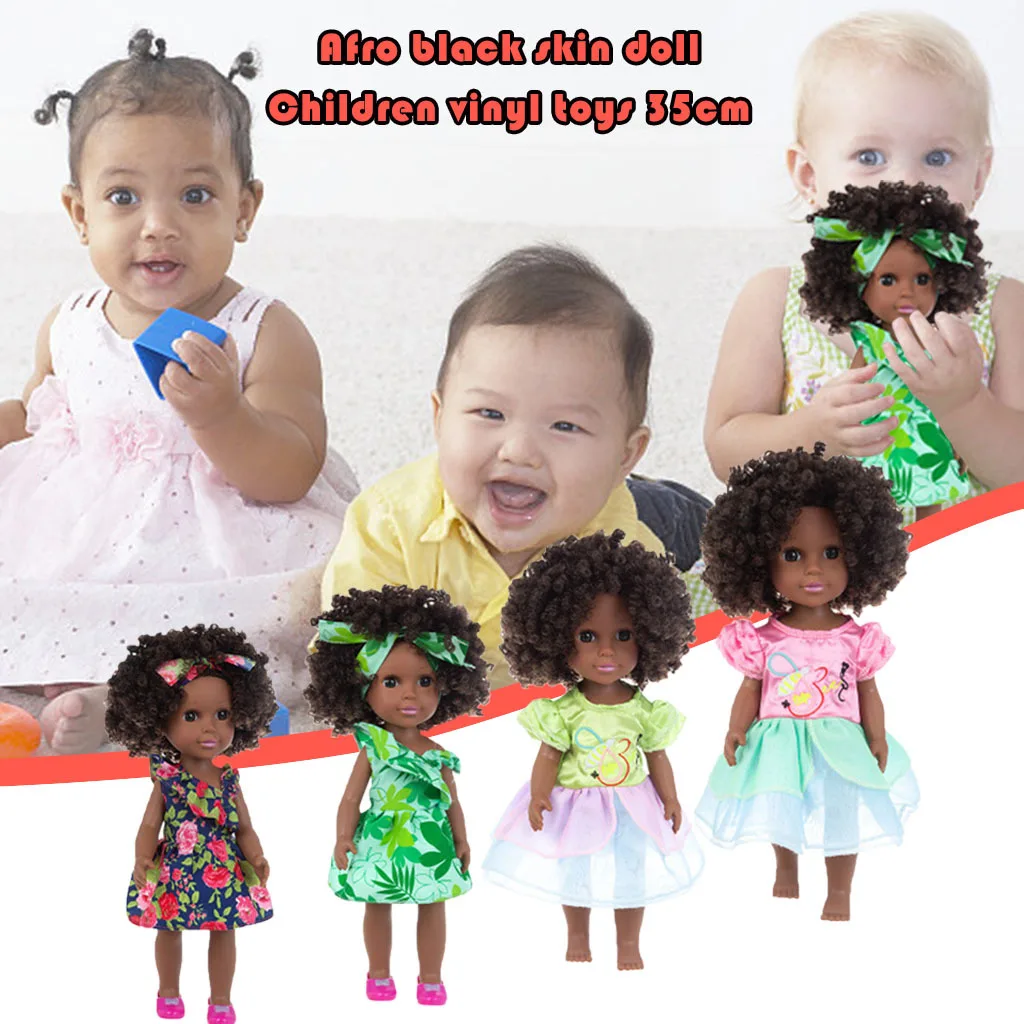 35cm Simulation Cartoon Exquisite Black Girl Doll Lifelike Chidren Cute Doll Kid Role Play Toy Gift Vinyl Comfortable Baby Dolls