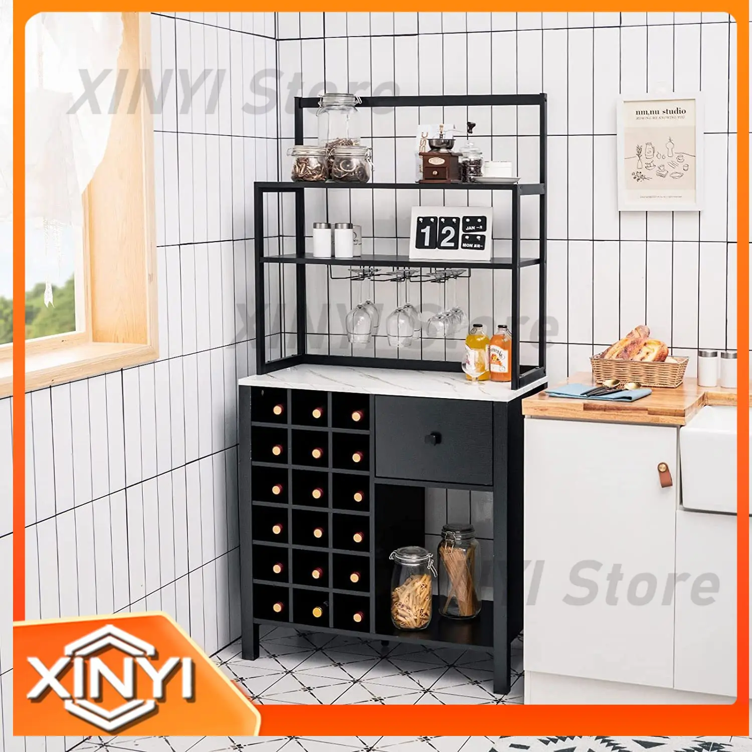 Wooden Wine Rack for 18 Bottles with 1 Drawer and Wine Glass Holder Compact Wine Cabinet for Small Spaces Living Room Storage